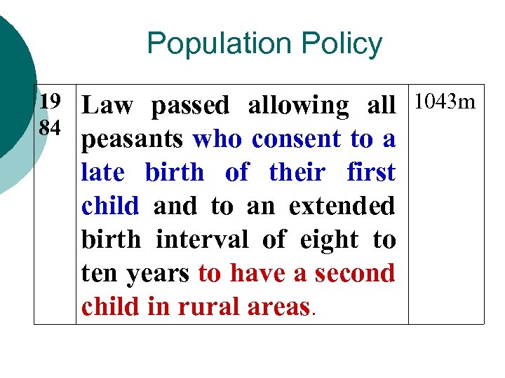 Population Policy 19 84 Law passed allowing all peasants who consent to a late