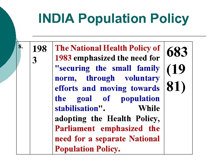 INDIA Population Policy 8. 198 The National Health Policy of 1983 emphasized the need