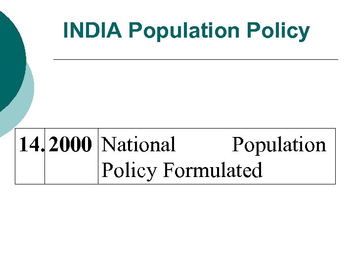 INDIA Population Policy 14. 2000 National Population Policy Formulated 