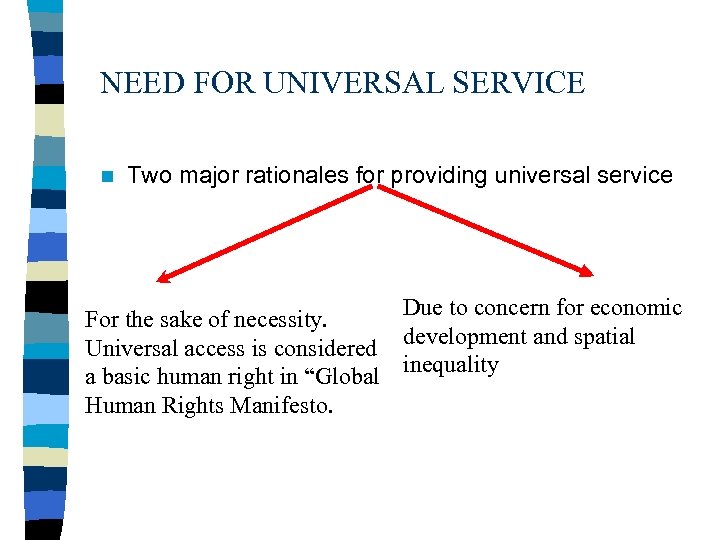 NEED FOR UNIVERSAL SERVICE n Two major rationales for providing universal service Due to