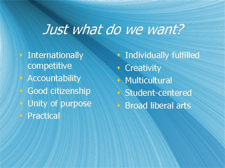 Just what do we want? s Internationally competitive s Accountability s Good citizenship s