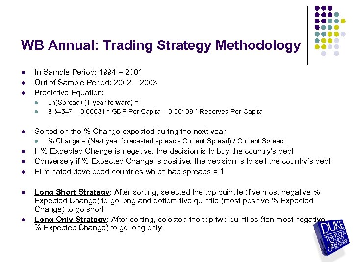 WB Annual: Trading Strategy Methodology l l l In Sample Period: 1994 – 2001