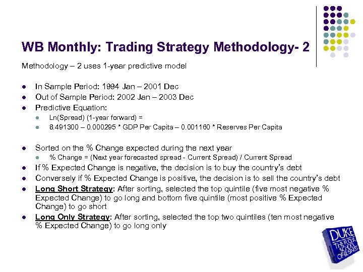 WB Monthly: Trading Strategy Methodology- 2 Methodology – 2 uses 1 -year predictive model