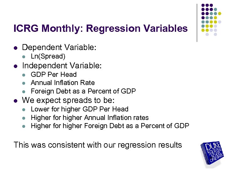 ICRG Monthly: Regression Variables l Dependent Variable: l l Independent Variable: l l Ln(Spread)