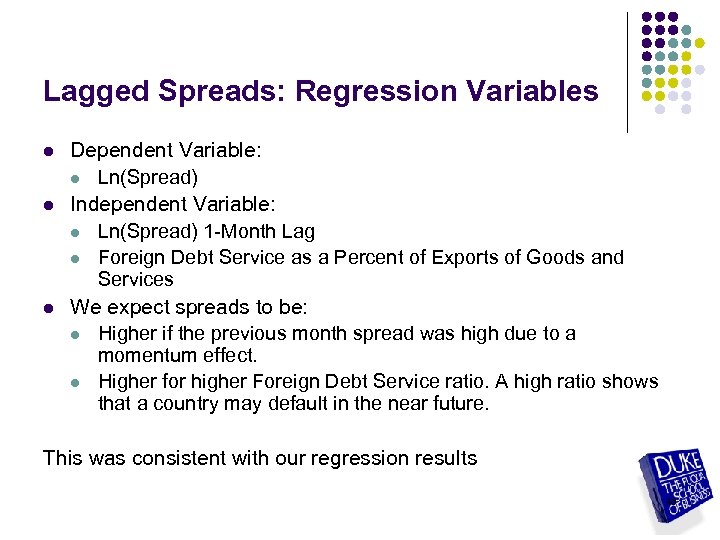 Lagged Spreads: Regression Variables l l l Dependent Variable: l Ln(Spread) Independent Variable: l