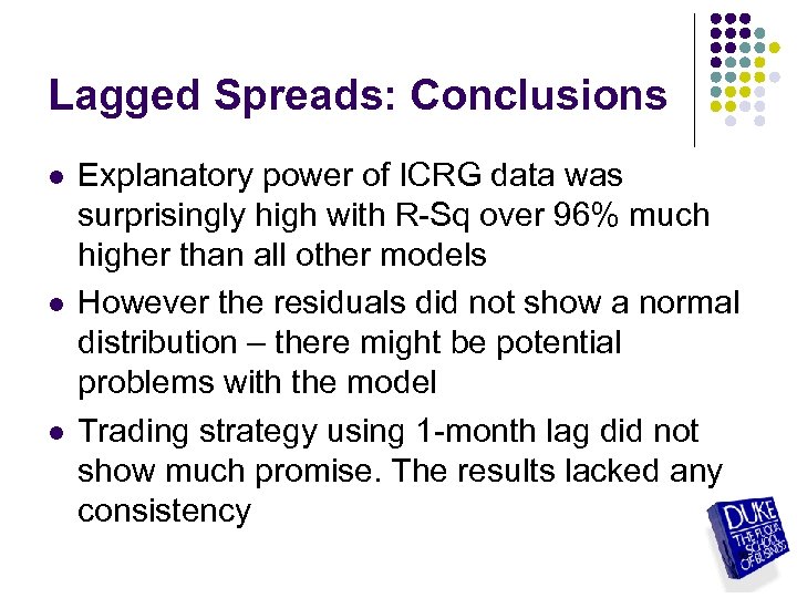 Lagged Spreads: Conclusions l l l Explanatory power of ICRG data was surprisingly high