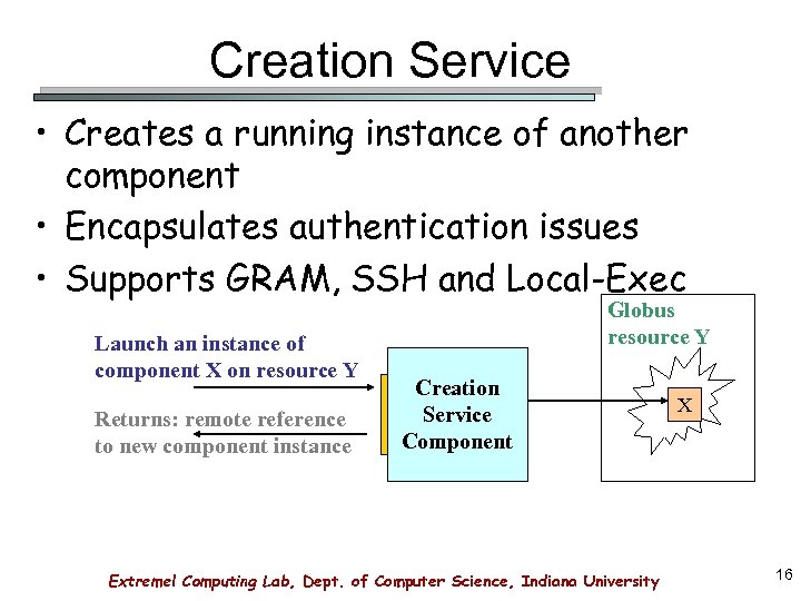 Creation Service • Creates a running instance of another component • Encapsulates authentication issues