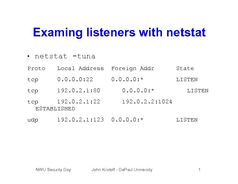 Examing listeners with netstat • netstat -tuna Proto Local Address Foreign Addr State tcp