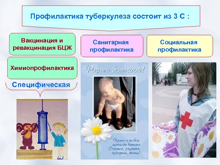 Профилактика туберкулеза состоит из 3 С : Вакцинация и ревакцинация БЦЖ Химиопрофилактика Специфическая Санитарная