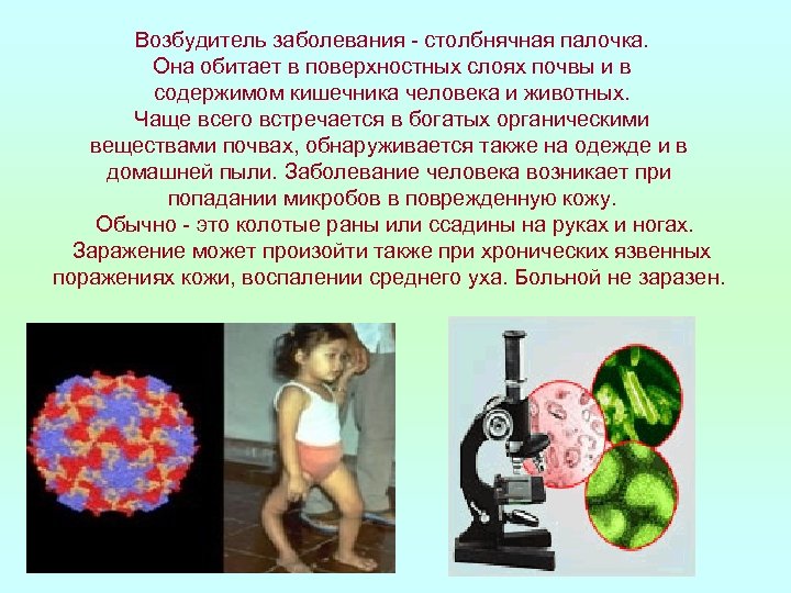 Возбудитель заболевания - столбнячная палочка. Она обитает в поверхностных слоях почвы и в содержимом