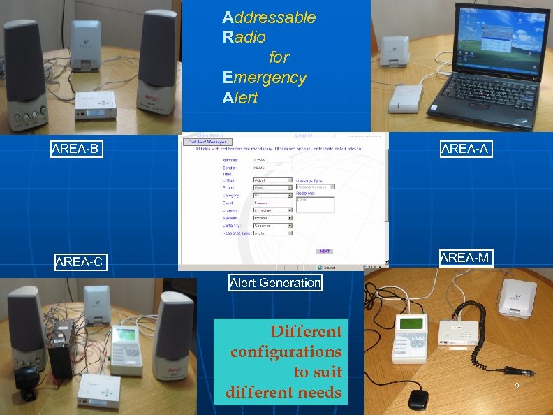 Addressable Radio for Emergency Alert AREA-B AREA-A AREA-M AREA-C Alert Generation Different configurations to