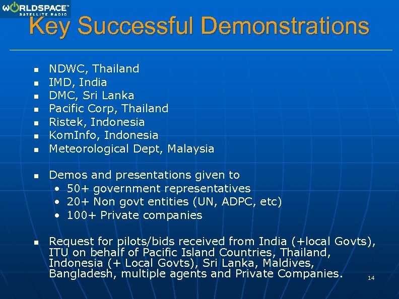 Key Successful Demonstrations n n n n n NDWC, Thailand IMD, India DMC, Sri