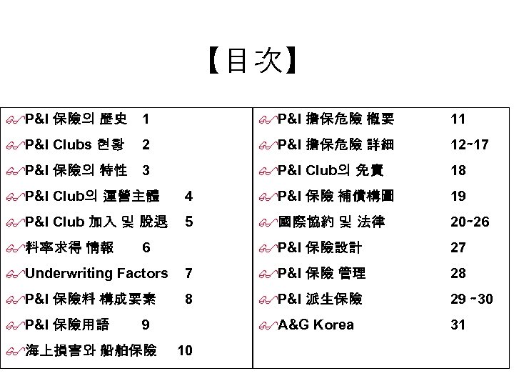 【目次】 $P&I 保險의 歷史 1 $P&I 擔保危險 槪要 11 $P&I Clubs 현황 $P&I 擔保危險