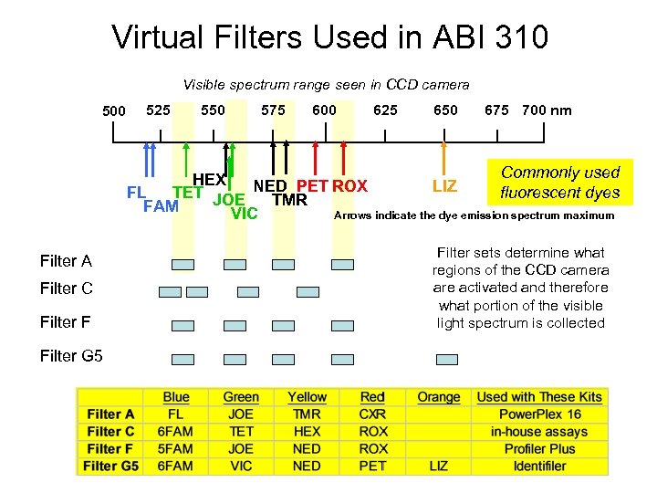 Virtual Filters Used in ABI 310 Visible spectrum range seen in CCD camera 500