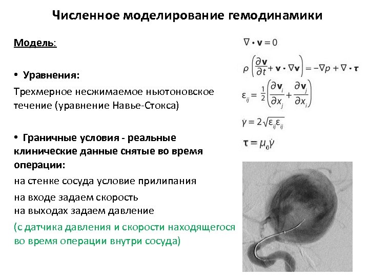 Численное моделирование гемодинамики Модель: • Уравнения: Трехмерное несжимаемое ньютоновское течение (уравнение Навье-Стокса) • Граничные