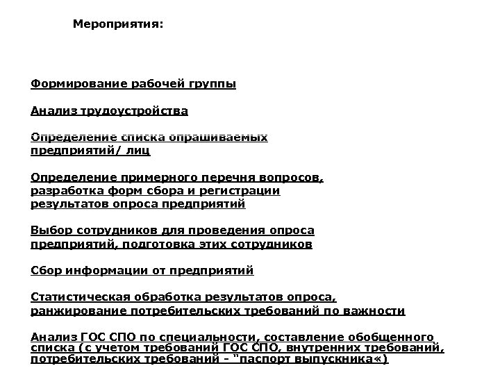 Мероприятия: Формирование рабочей группы Анализ трудоустройства Определение списка опрашиваемых предприятий/ лиц Определение примерного перечня