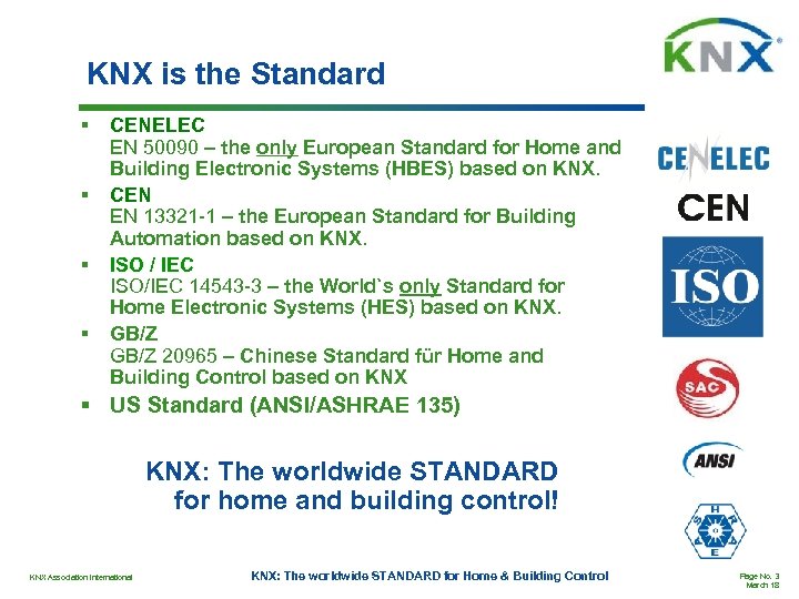 KNX is the Standard § § CENELEC EN 50090 – the only European Standard