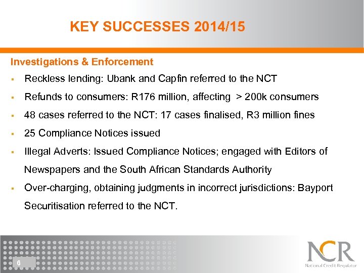 KEY SUCCESSES 2014/15 Investigations & Enforcement § Reckless lending: Ubank and Capfin referred to