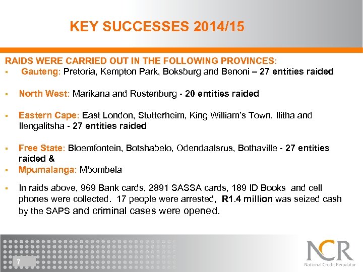 KEY SUCCESSES 2014/15 RAIDS WERE CARRIED OUT IN THE FOLLOWING PROVINCES: § Gauteng: Pretoria,