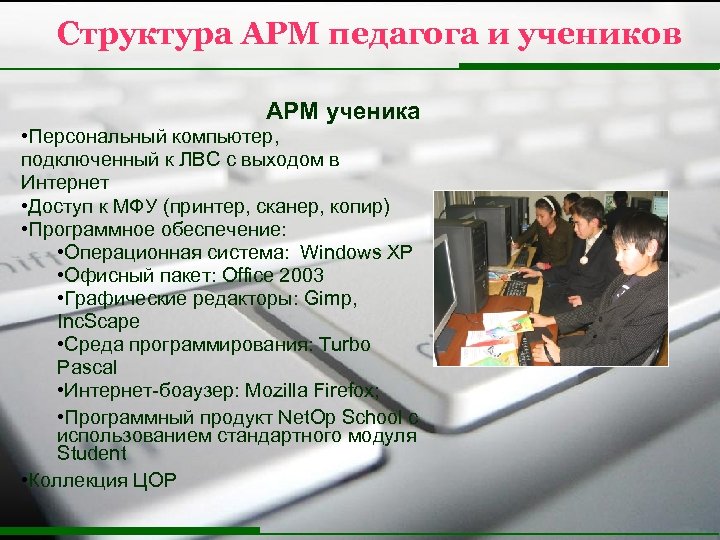 Структура АРМ педагога и учеников АРМ ученика • Персональный компьютер, подключенный к ЛВС с
