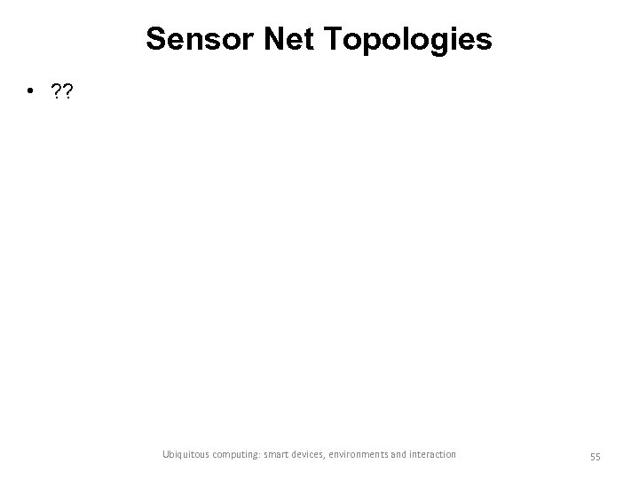 Sensor Net Topologies • ? ? Ubiquitous computing: smart devices, environments and interaction 55