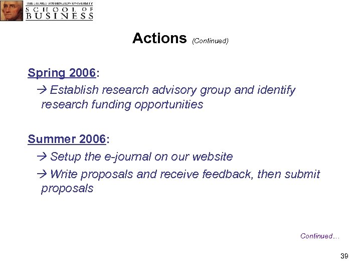 Actions (Continued) Spring 2006: Establish research advisory group and identify research funding opportunities Summer