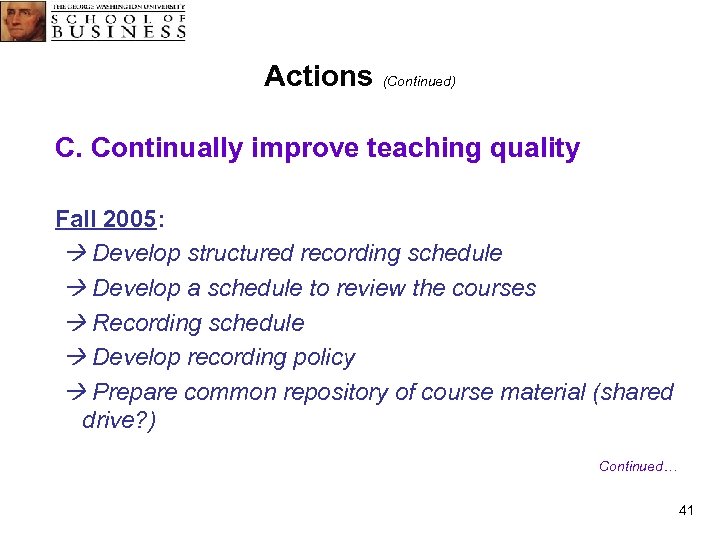Actions (Continued) C. Continually improve teaching quality Fall 2005: Develop structured recording schedule Develop