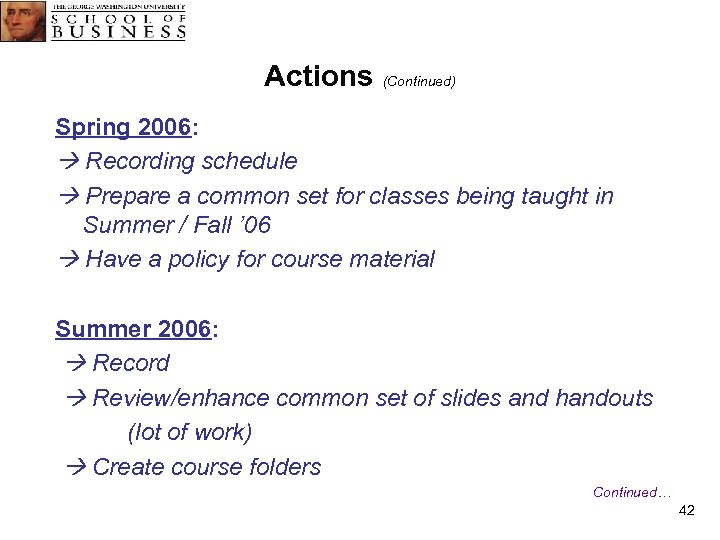Actions (Continued) Spring 2006: Recording schedule Prepare a common set for classes being taught