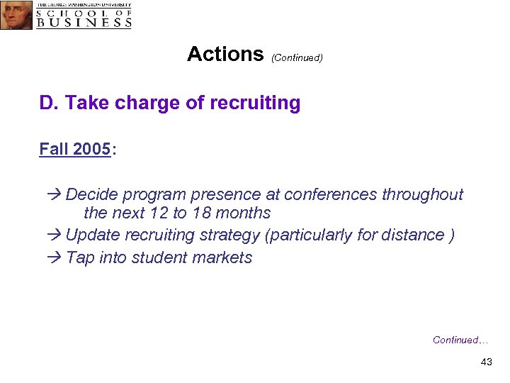Actions (Continued) D. Take charge of recruiting Fall 2005: Decide program presence at conferences