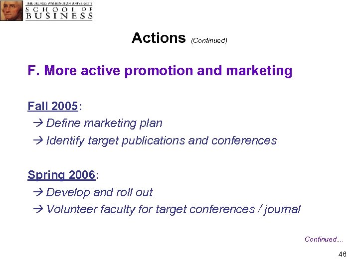 Actions (Continued) F. More active promotion and marketing Fall 2005: Define marketing plan Identify