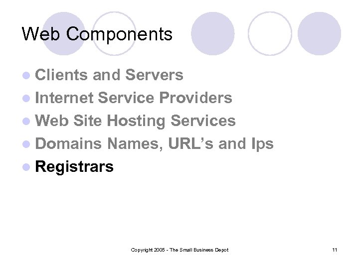 Web Components l Clients and Servers l Internet Service Providers l Web Site Hosting