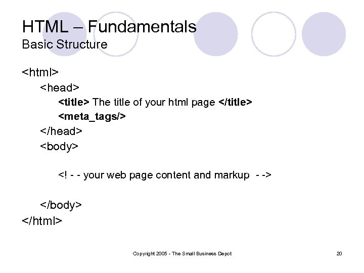 HTML – Fundamentals Basic Structure <html> <head> <title> The title of your html page