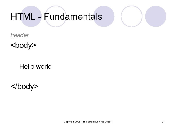 HTML - Fundamentals header <body> Hello world </body> Copyright 2005 - The Small Business