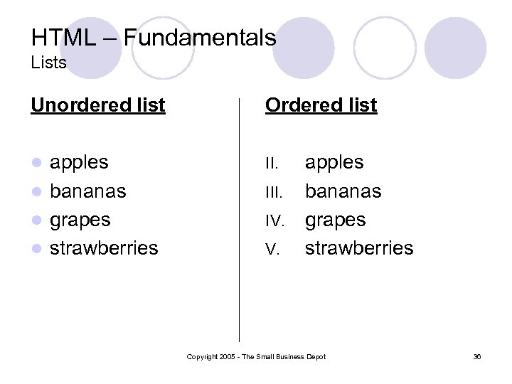 HTML – Fundamentals Lists Unordered list Ordered list apples l bananas l grapes l