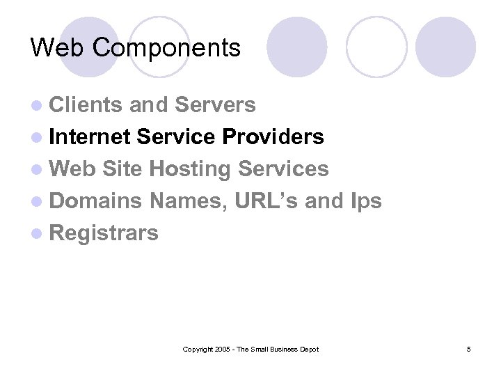 Web Components l Clients and Servers l Internet Service Providers l Web Site Hosting