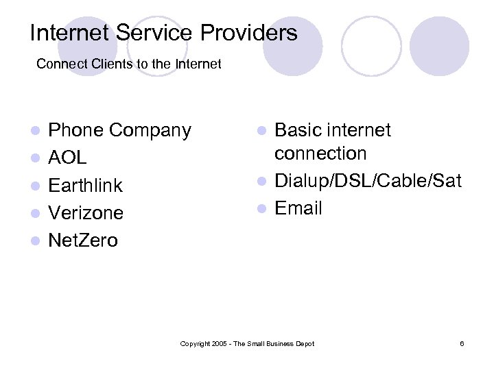 Internet Service Providers Connect Clients to the Internet l l l Phone Company AOL