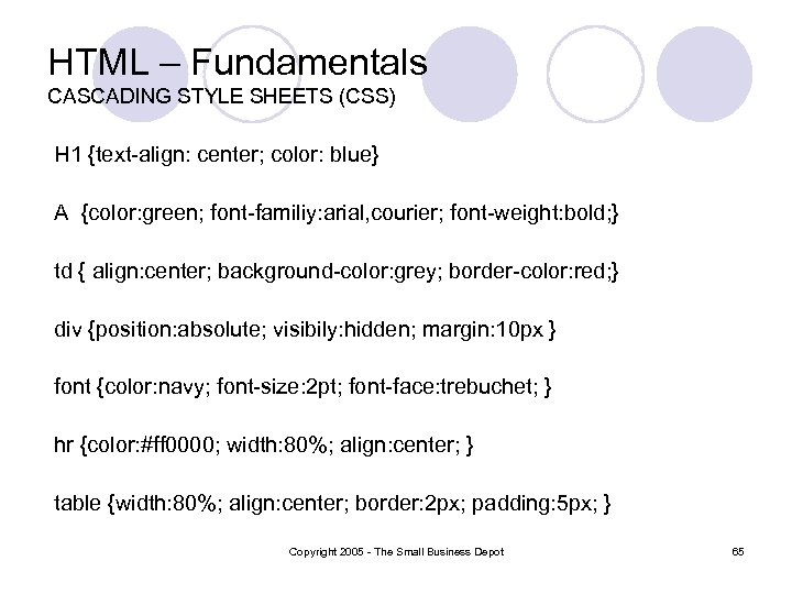 HTML – Fundamentals CASCADING STYLE SHEETS (CSS) H 1 {text-align: center; color: blue} A