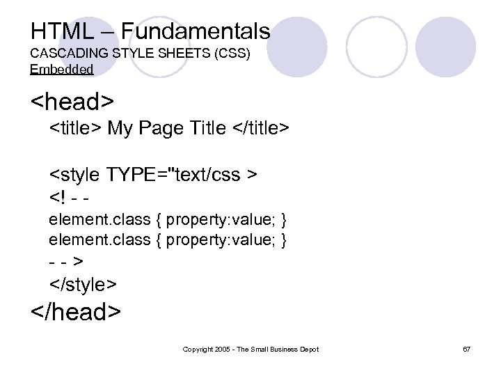 HTML – Fundamentals CASCADING STYLE SHEETS (CSS) Embedded <head> <title> My Page Title </title>