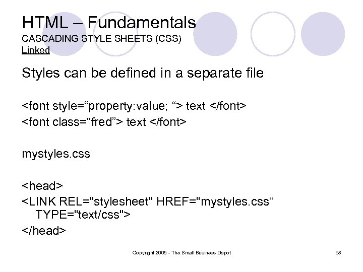 HTML – Fundamentals CASCADING STYLE SHEETS (CSS) Linked Styles can be defined in a