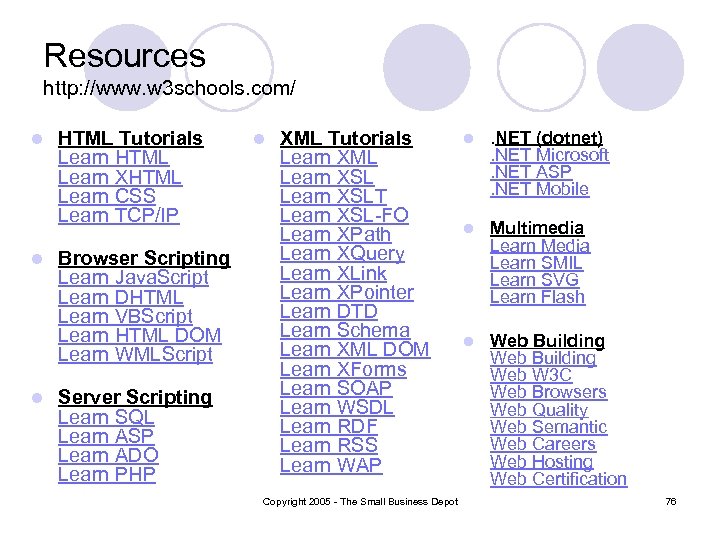 Resources http: //www. w 3 schools. com/ l l l HTML Tutorials Learn HTML