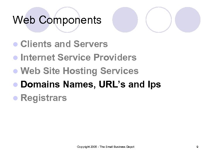 Web Components l Clients and Servers l Internet Service Providers l Web Site Hosting