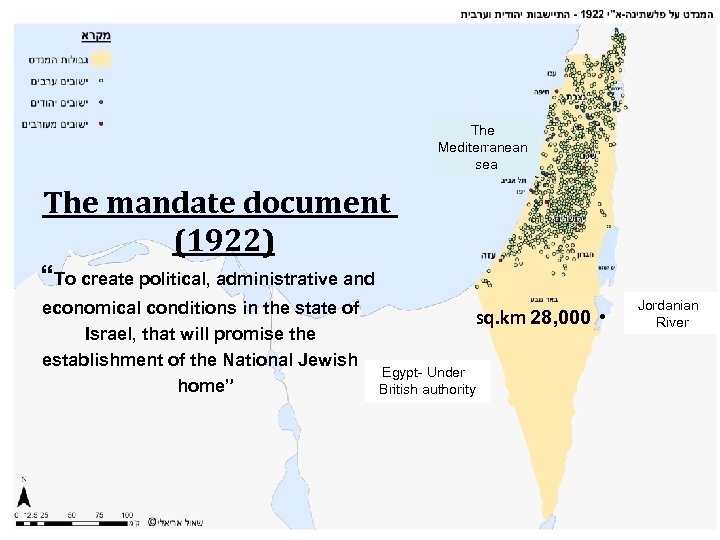 The Mediterranean sea The mandate document (1922) “To create political, administrative and economical conditions