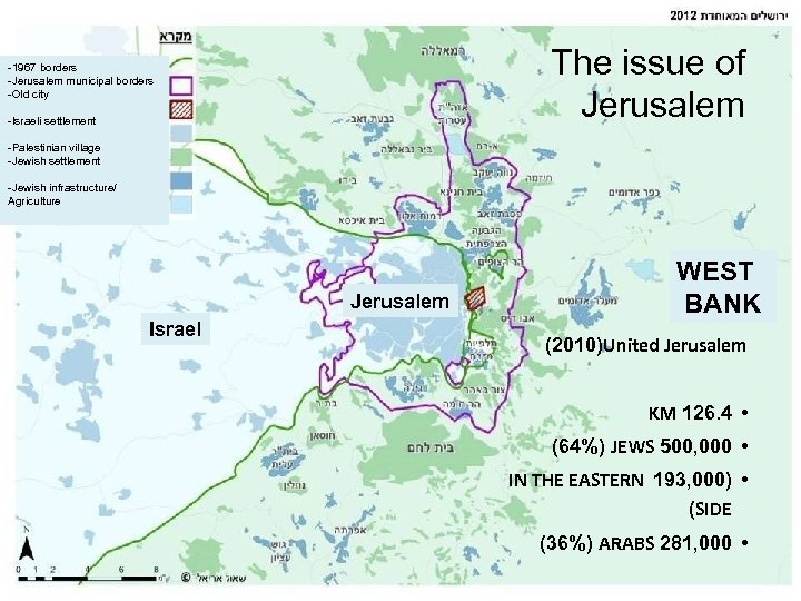 The issue of Jerusalem -1967 borders -Jerusalem municipal borders -Old city -Israeli settlement -Palestinian