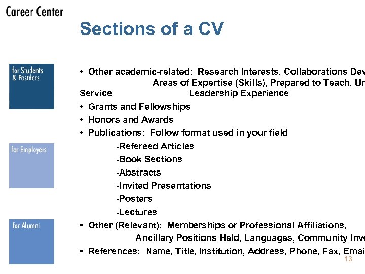 Sections of a CV • Other academic-related: Research Interests, Collaborations Dev Areas of Expertise