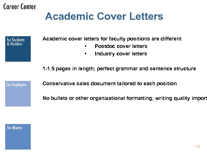 Academic Cover Letters Academic cover letters for faculty positions are different • Postdoc cover