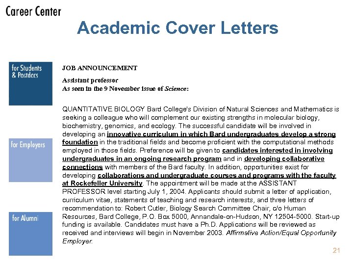 Academic Cover Letters JOB ANNOUNCEMENT Assistant professor As seen in the 9 November issue