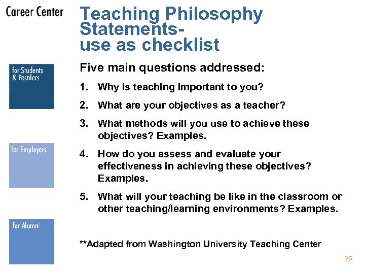 Teaching Philosophy Statementsuse as checklist Five main questions addressed: 1. Why is teaching important