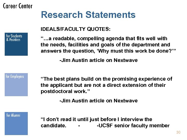 Research Statements IDEALS/FACULTY QUOTES: “…a readable, compelling agenda that fits well with the needs,