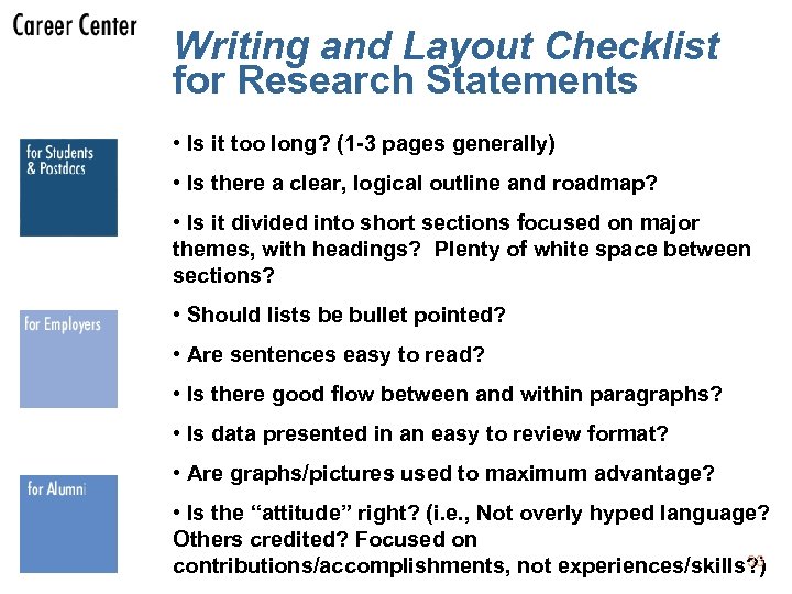 Writing and Layout Checklist for Research Statements • Is it too long? (1 -3