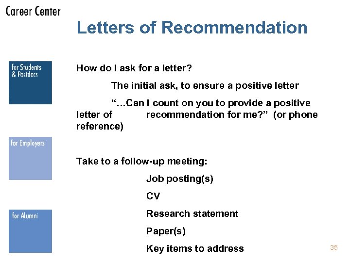 Letters of Recommendation How do I ask for a letter? The initial ask, to